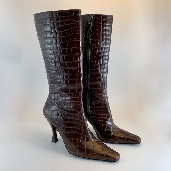 Via Spiga Croc Embossed Brown Leather Boots - Picture 1 of 8